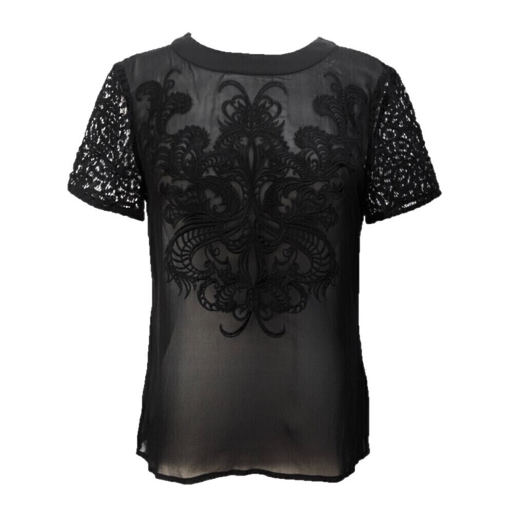 KAREN MILLEN 100% Silk Embroidered Short Sleeve Lace Shirt 2 Sheer Black Goth